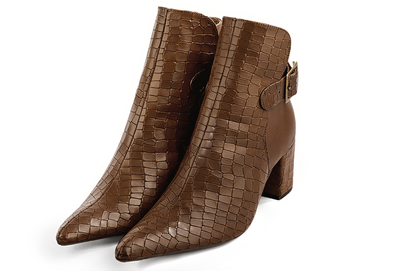 Bottines femme boucles à l'arrière marron caramel. Bout effilé. Talon bottier de 5.5 cm - Vue avant