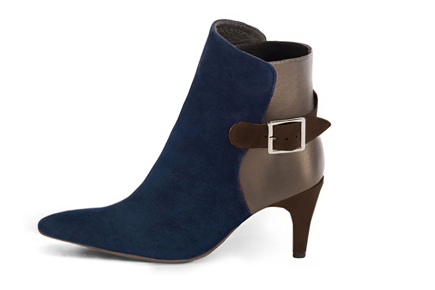 Bottines élégantes et raffinées avec des boucles à l'arrière, coloris bleu marine, or mordoré et marron ébène. Bout effilé. Haut. Talon fin. Personnalisation : Choix des cuirs, des couleurs et des talons. Cou-de-pied sur mesure. - Florence KOOIJMAN