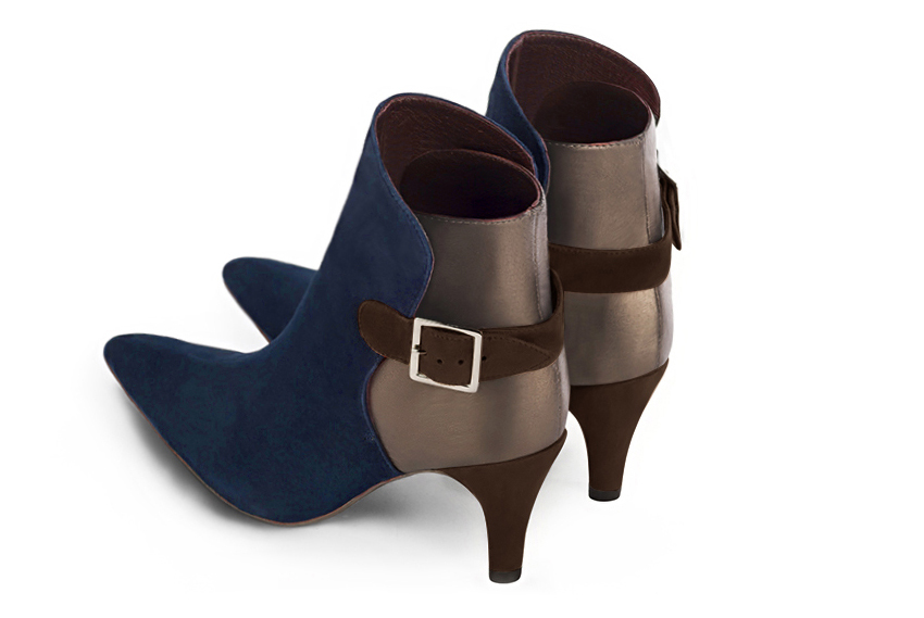 Bottines élégantes et raffinées avec des boucles à l'arrière, coloris bleu marine, or mordoré et marron ébène. Bout effilé. Haut. Talon fin. Personnalisation : Choix des cuirs, des couleurs et des talons. Cou-de-pied sur mesure. - Florence KOOIJMAN