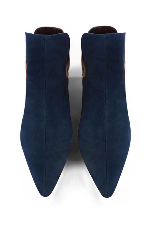 Bottines élégantes et raffinées avec des boucles à l'arrière, coloris bleu marine, or mordoré et marron ébène. Bout effilé. Haut. Talon fin. Personnalisation : Choix des cuirs, des couleurs et des talons. Cou-de-pied sur mesure. - Florence KOOIJMAN