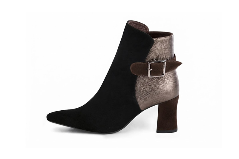 Bottines bride boucle sur l'arrière pour femme en cuir noir mat, mordoré et marron foncé avec bout effilé et talon évasé de 6.5 cm - Vue de profil