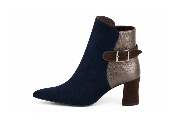 Bottines bride boucle sur l'arrière pour femme en cuir bleu marine, mordoré et marron foncé avec bout effilé et talon fin de 7.5 cm - Vue de profil
