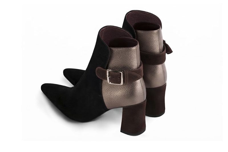Bottines bride boucle sur l'arrière pour femme en cuir noir mat, mordoré et marron foncé avec bout effilé et talon évasé de 6.5 cm - Vue arrière