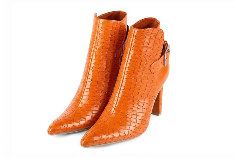 Bottines habillées femme boucles arrière en cuir orange abricot à talon fin de 9.5 cm et bout effilé - Vue avant