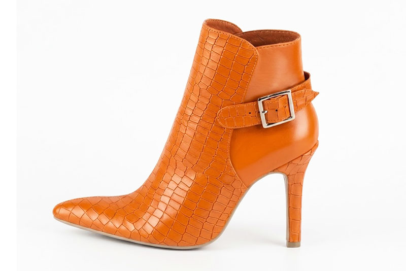 Bottines habillées femme boucles arrière en cuir orange abricot à talon fin de 9.5 cm et bout effilé - Vue de profil