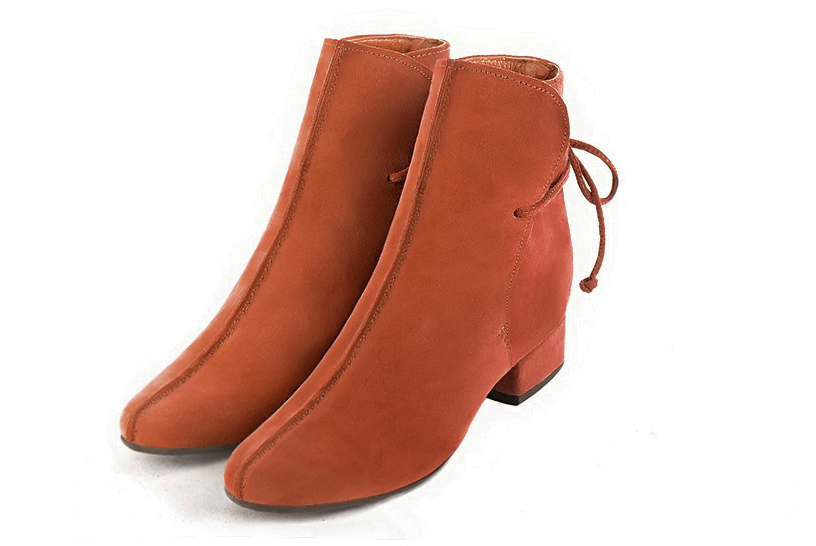 Bottines à laçage arrière pour femme en cuir orange avec bout rond et talon bottier de 3.5 cm - Vue avant