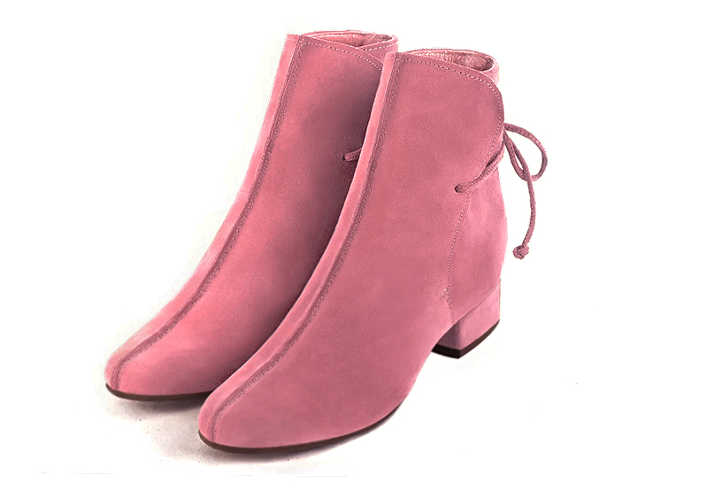 Bottines à laçage arrière pour femme en cuir rose bonbon avec bout rond et talon bottier de 3.5 cm - Vue avant