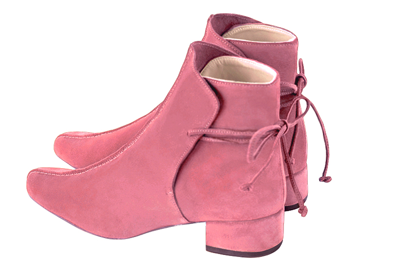 Bottines à laçage arrière pour femme en cuir rose bonbon avec bout rond et talon bottier de 3.5 cm - Vue arrière