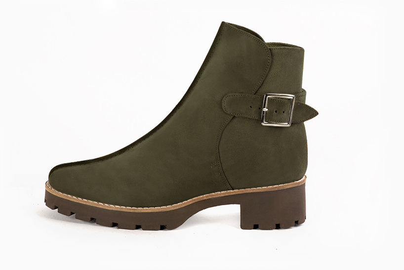 Boots femme : Boots avec des boucles à l'arrière couleur vert kaki. Bout rond. Semelle gomme petit talon. Vue de profil - Florence KOOIJMAN