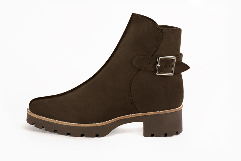 Boots femme : Boots avec des boucles à l'arrière couleur marron ébène. Bout rond. Semelle gomme petit talon. Vue de profil - Florence KOOIJMAN