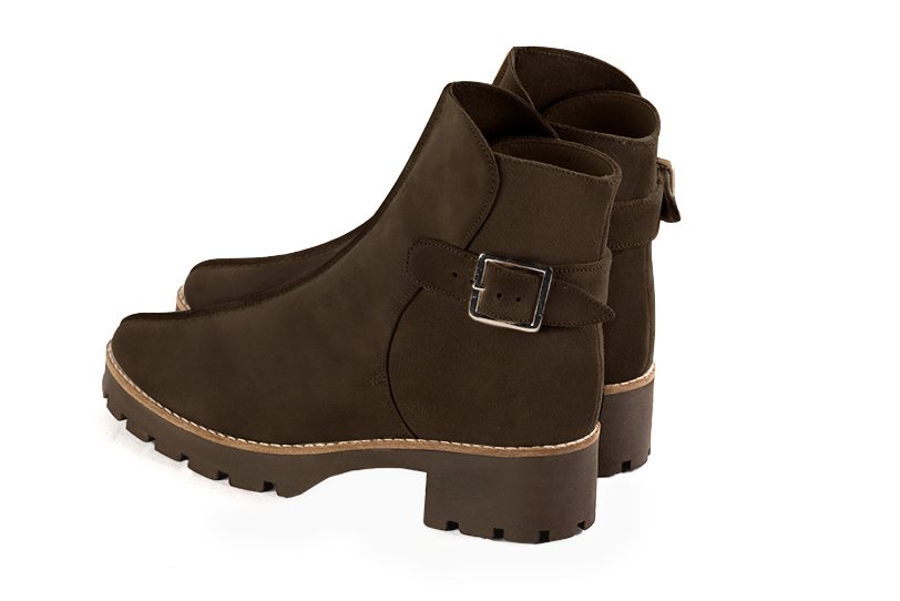 Boots femme : Boots avec des boucles à l'arrière couleur marron ébène. Bout rond. Semelle gomme petit talon. Vue arrière - Florence KOOIJMAN