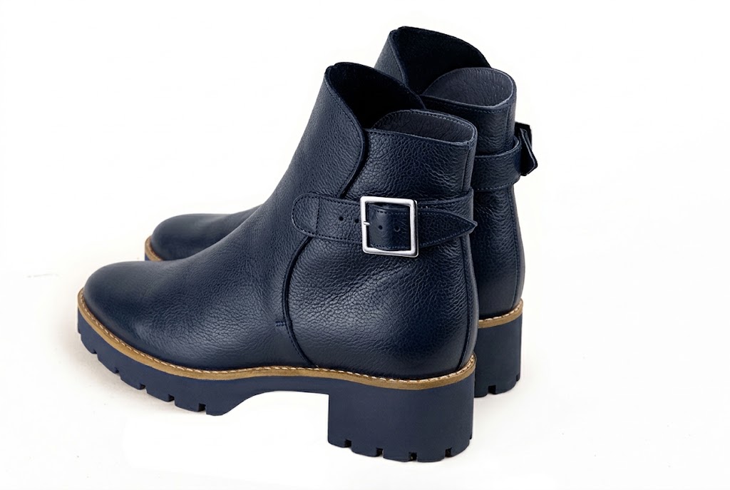 Bottines bride boucle sur l'arrière pour femme en cuir bleu marine avec bout rond et semelle crantée en gomme - Vue arrière