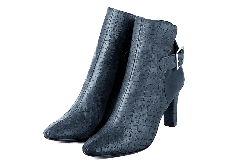 Bottines élégantes et raffinées avec des boucles à l'arrière, coloris bleu denim. Bout rond. Haut. Talon trotteur. Personnalisation : Choix des cuirs, des couleurs et des talons. Cou-de-pied sur mesure. - Florence KOOIJMAN
