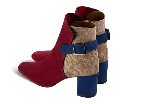 Boots femme : Boots avec des boucles à l'arrière couleur rouge bordeaux, beige sahara et bleu marine. Bout carré. Talon mi-haut bottier. Vue arrière - Florence KOOIJMAN
