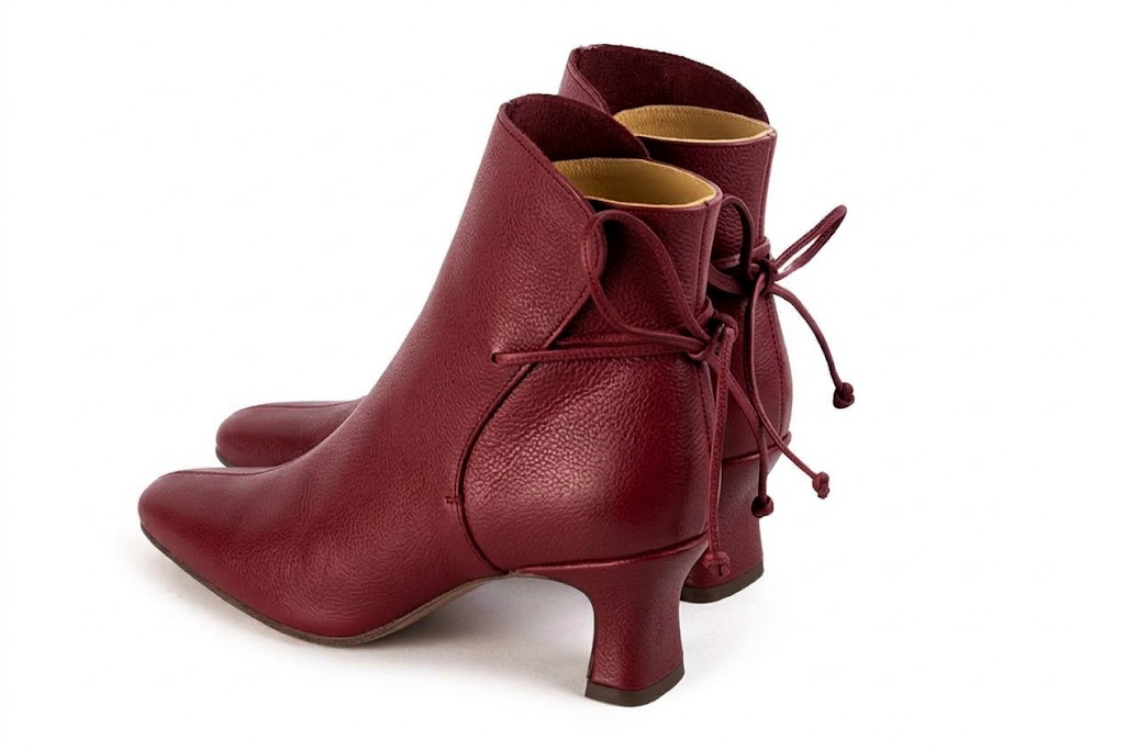 Bottines à laçage arrière pour femme en cuir bordeaux avec bout carré et talon bobine de 6 cm - Vue arrière
