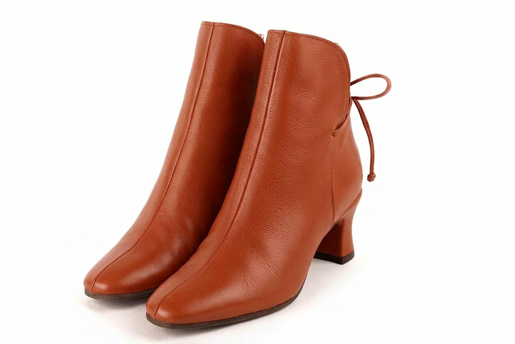 Bottines à laçage arrière pour femme en cuir terracotta avec bout carré et talon bobine de 6 cm - Vue avant