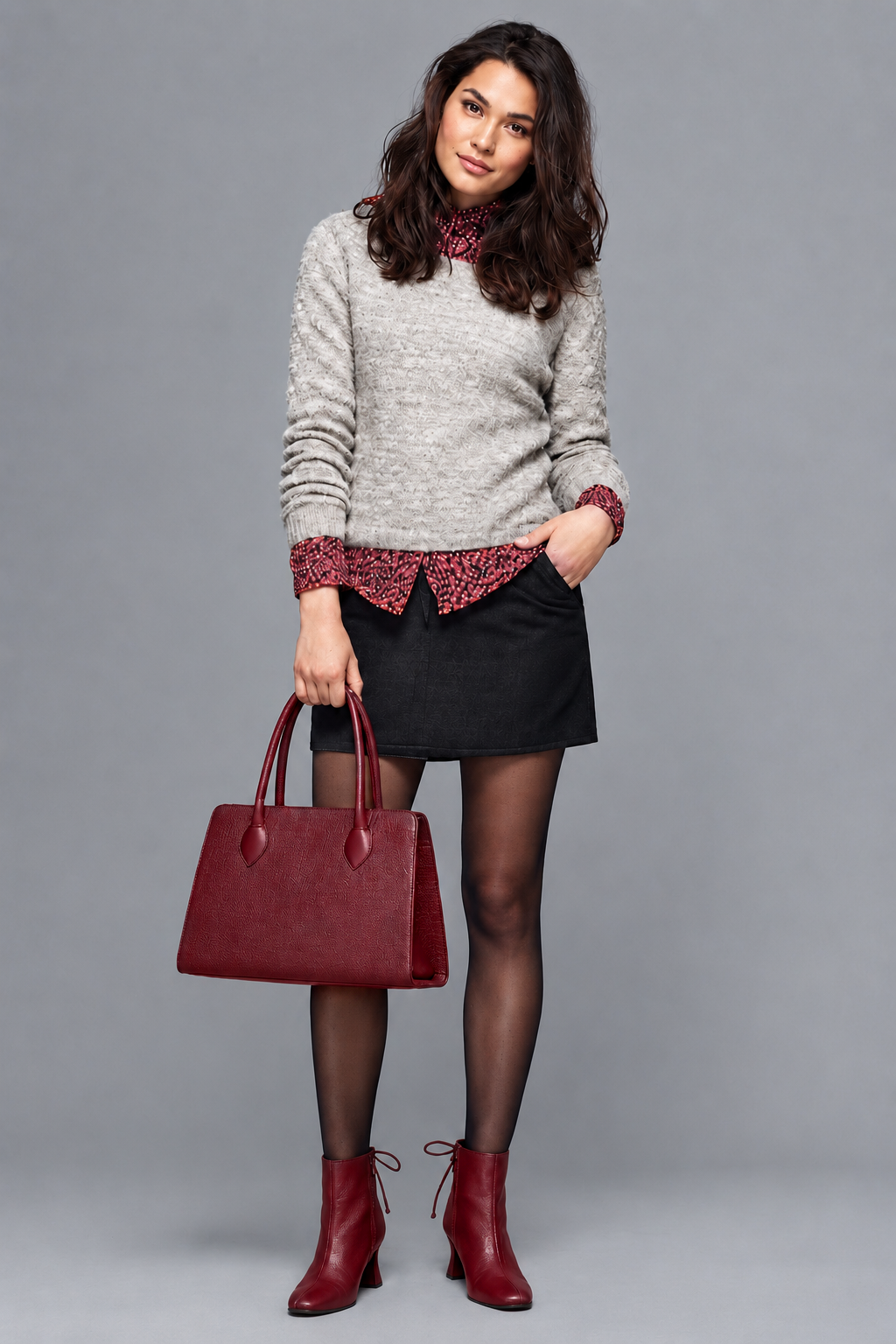 Bottines à laçage arrière pour femme en cuir bordeaux avec bout carré et talon bobine de 6 cm - Vue du dessus