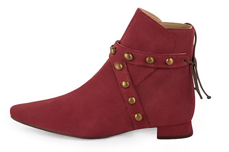 Bottines élégantes et raffinées avec des lacets à l'arrière, coloris rouge bordeaux. Bout carré. Plat. Talon évasé. Personnalisation : Choix des cuirs, des couleurs et des talons. Cou-de-pied sur mesure. - Florence KOOIJMAN