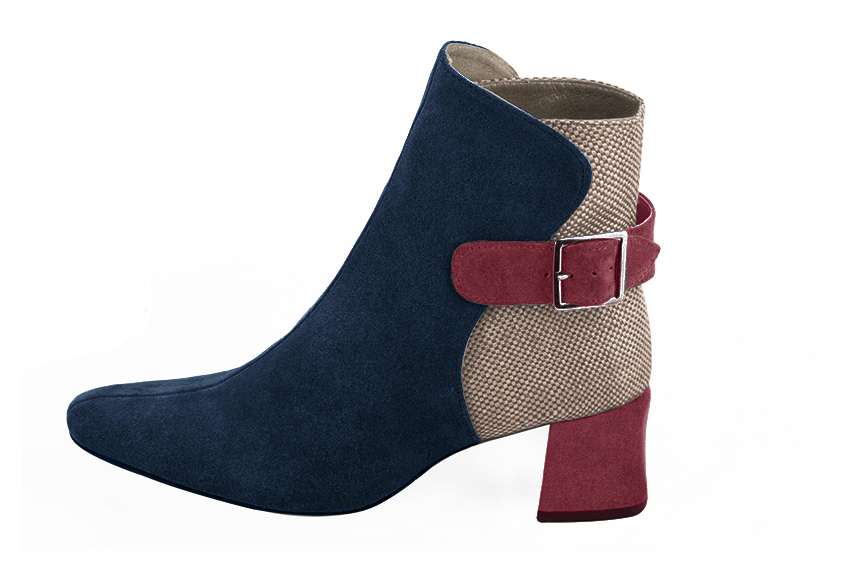 Bottines élégantes et raffinées avec des boucles à l'arrière, coloris bleu marine, beige naturel et rouge framboise. Bout carré. Mi-haut à haut. Talon bottier. Personnalisation : Choix des cuirs, des couleurs et des talons. Cou-de-pied sur mesure. - Florence KOOIJMAN