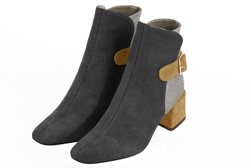 Bottines élégantes et raffinées avec des boucles à l'arrière, coloris gris acier et jaune ocre. Bout carré. Mi-haut à haut. Talon bottier. Personnalisation : Choix des cuirs, des couleurs et des talons. Cou-de-pied sur mesure. - Florence KOOIJMAN