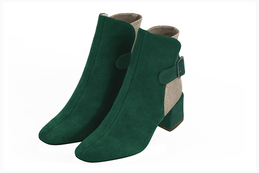 Bottines élégantes et raffinées avec des boucles à l'arrière, coloris vert bouteille et beige sahara. Bout carré. Mi-haut à haut. Talon bottier. Personnalisation : Choix des cuirs, des couleurs et des talons. Cou-de-pied sur mesure. - Florence KOOIJMAN