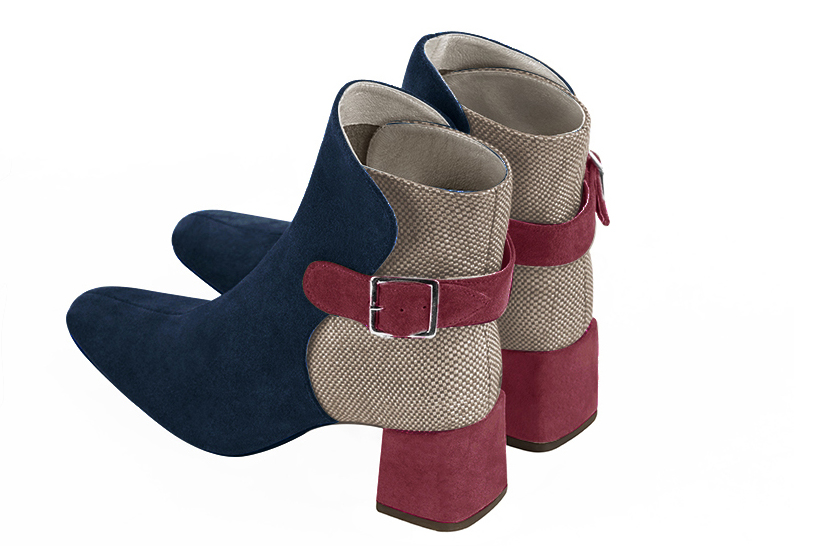 Bottines élégantes et raffinées avec des boucles à l'arrière, coloris bleu marine, beige naturel et rouge framboise. Bout carré. Mi-haut à haut. Talon bottier. Personnalisation : Choix des cuirs, des couleurs et des talons. Cou-de-pied sur mesure. - Florence KOOIJMAN