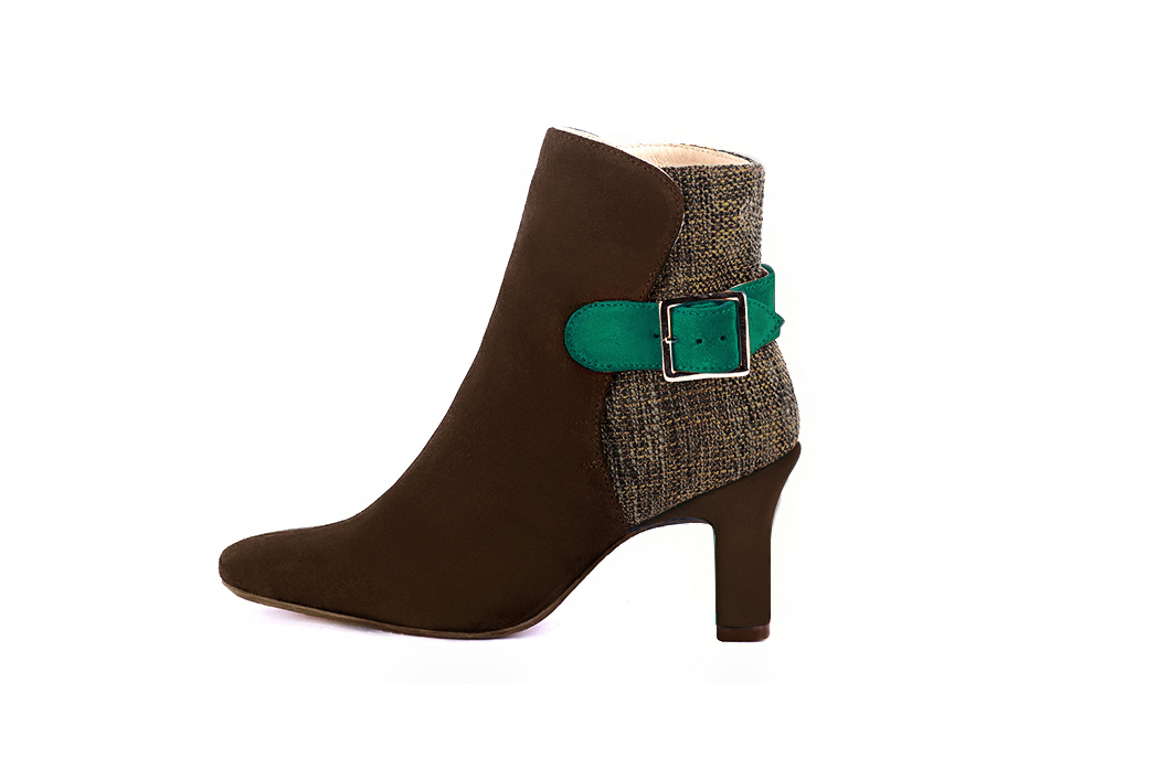Bottines élégantes et raffinées avec des boucles à l'arrière, coloris marron ébène et vert émeraude. Bout carré. Haut. Talon trotteur. Personnalisation : Choix des cuirs, des couleurs et des talons. Cou-de-pied sur mesure. - Florence KOOIJMAN