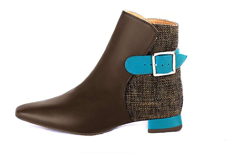 Bottines élégantes et raffinées avec des boucles à l'arrière, coloris marron ébène et bleu turquoise. Bout carré. Plat. Talon évasé. Personnalisation : Choix des cuirs, des couleurs et des talons. Cou-de-pied sur mesure. - Florence KOOIJMAN