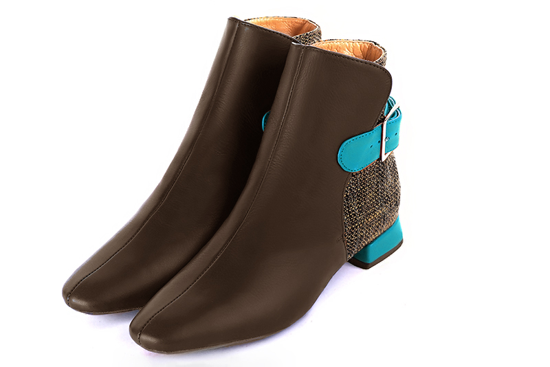 Bottines élégantes et raffinées avec des boucles à l'arrière, coloris marron ébène et bleu turquoise. Bout carré. Plat. Talon évasé. Personnalisation : Choix des cuirs, des couleurs et des talons. Cou-de-pied sur mesure. - Florence KOOIJMAN
