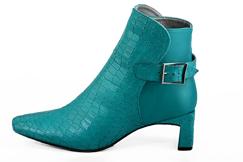 Bottines élégantes et raffinées avec des boucles à l'arrière, coloris bleu turquoise. Bout carré. Mi-haut à haut. Talon évasé. Personnalisation : Choix des cuirs, des couleurs et des talons. Cou-de-pied sur mesure. - Florence KOOIJMAN