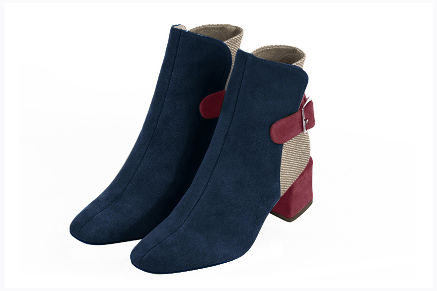 Bottines élégantes et raffinées avec des boucles à l'arrière, coloris bleu marine, beige naturel et rouge framboise. Bout carré. Mi-haut à haut. Talon bottier. Personnalisation : Choix des cuirs, des couleurs et des talons. Cou-de-pied sur mesure. - Florence KOOIJMAN