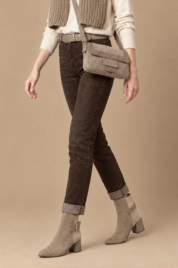 Bottines habillées femme boucles arrière en cuir beige sahara et beige naturel à talon bottier de 5.5 cm et bout carré - Vue porté