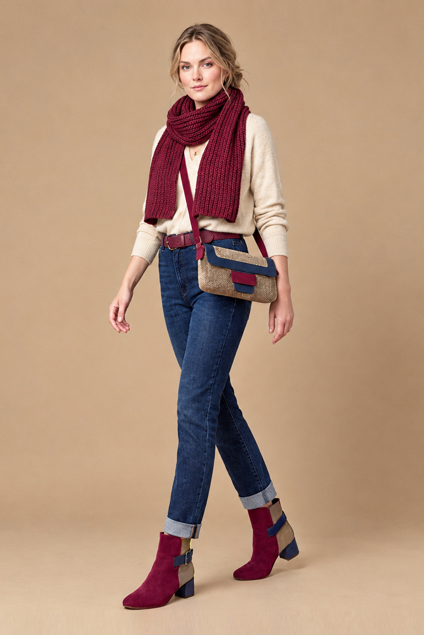 Bottines bride boucle sur l'arrière pour femme en cuir bordeaux, cognac et bleu marine avec bout carré et talon bottier de 5.5 cm - Vue du dessus