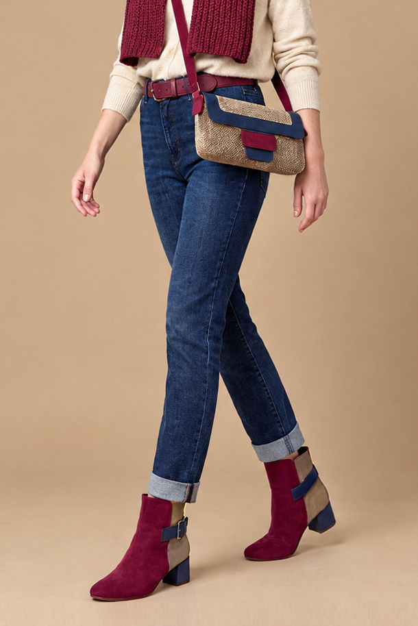 Bottines habillées femme boucles arrière en cuir rouge bordeaux, marron caramel et bleu marine à talon bottier de 5.5 cm et bout carré - Vue porté