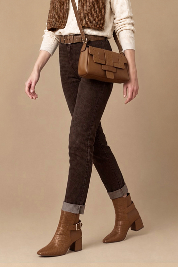 Bottines habillées femme boucles arrière en cuir marron caramel à talon bottier de 5.5 cm et bout carré - Vue porté