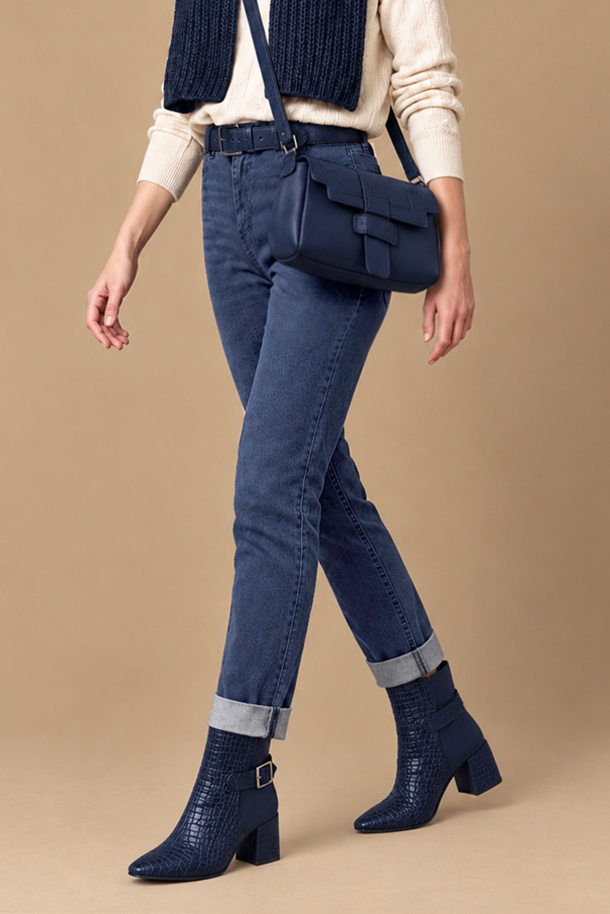 Bottines bride boucle sur l'arrière pour femme en cuir bleu marine avec bout carré et talon bottier de 5.5 cm - Vue porté