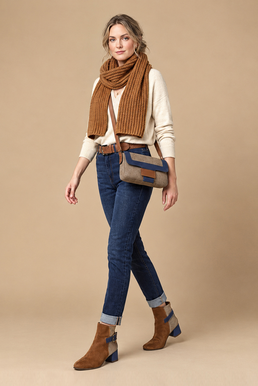 Bottines habillées femme boucles arrière en cuir cognac, sable et bleu marine à talon bottier de 5.5 cm et bout carré - Vue du dessus