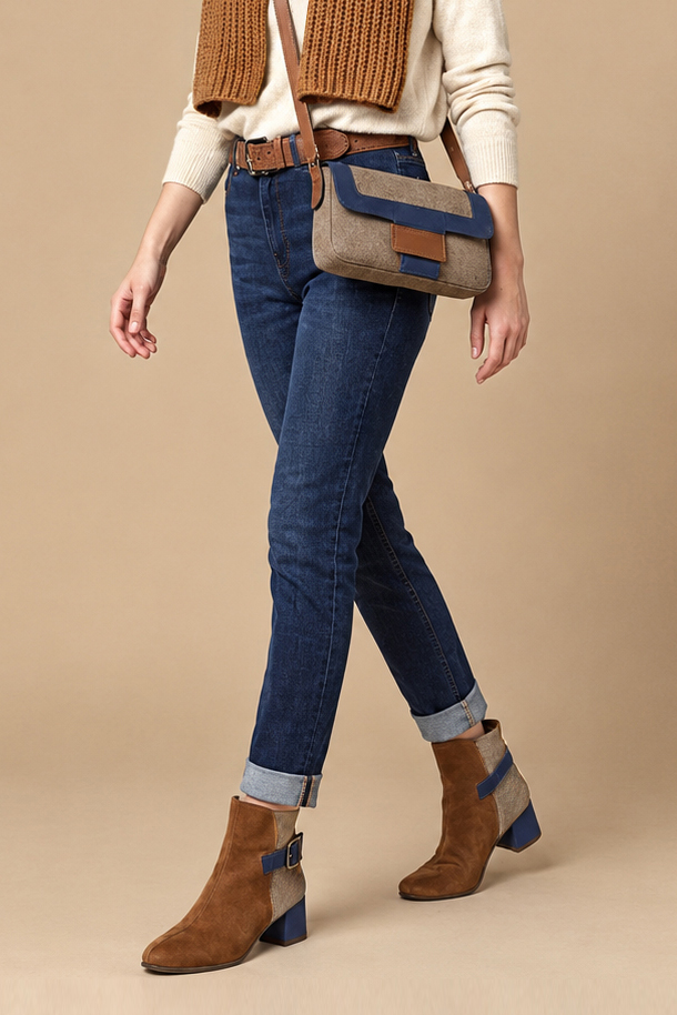 Bottines habillées femme boucles arrière en cuir marron caramel, beige sahara et bleu marine à talon bottier de 5.5 cm et bout carré - Vue porté