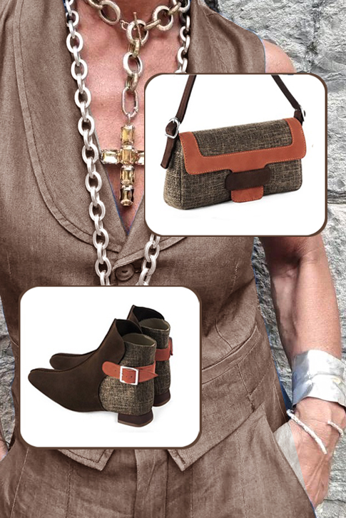 Bottines femme boucles à l'arrière marron ébène et orange corail. Bout carré. Talon évasé plat - Vue du dessus