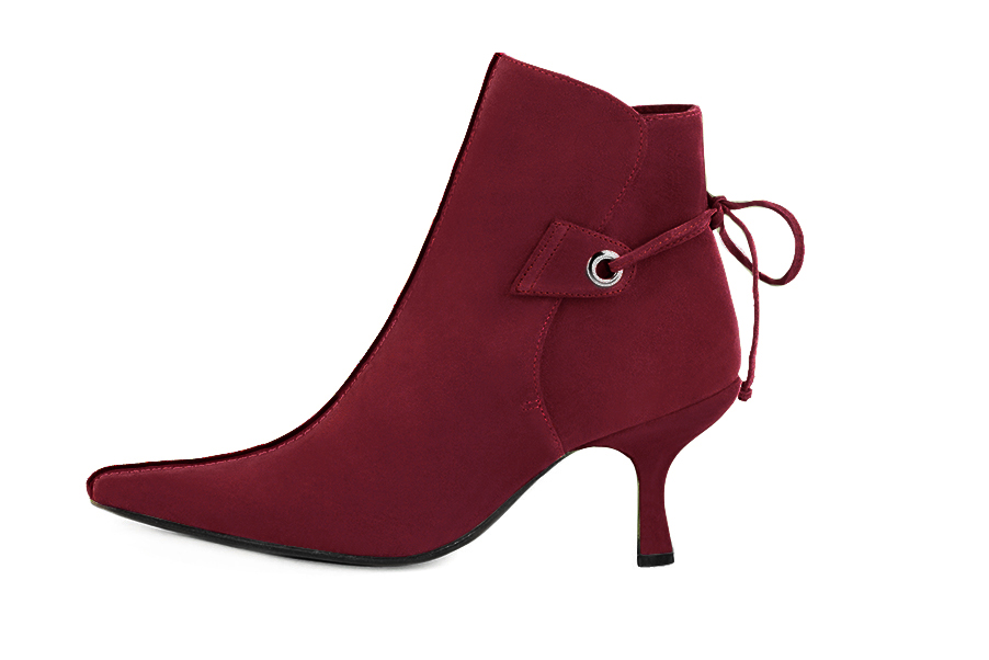 Boots femme : Bottines lacets à l'arrière couleur rouge bordeaux. Bout pointu. Talon haut fin. Vue de profil - Florence KOOIJMAN
