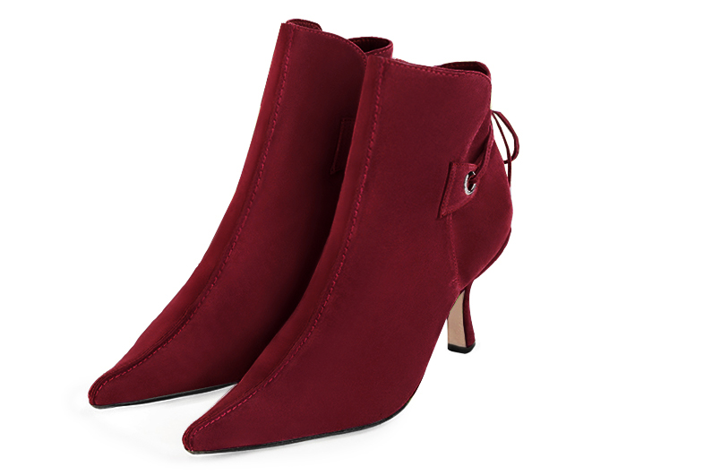 Boots femme : Bottines lacets à l'arrière couleur rouge bordeaux. Bout pointu. Talon haut fin Vue avant - Florence KOOIJMAN