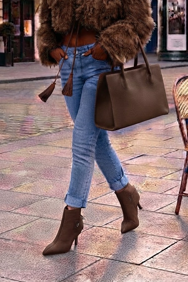 Bottines à laçage arrière pour femme en cuir marron chocolat avec bout pointu et talon fin de 7.5 cm - Vue porté