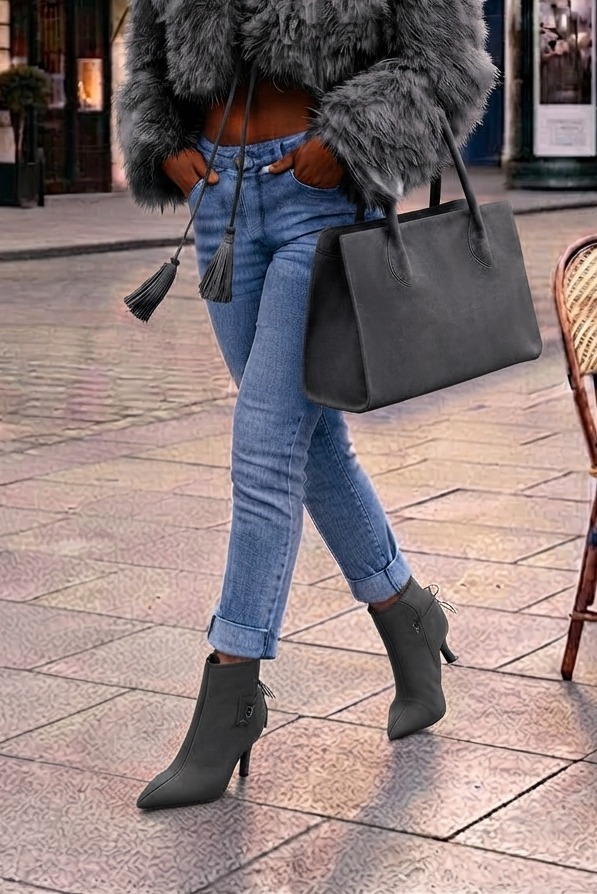 Bottines à laçage arrière pour femme en cuir gris foncé avec bout pointu et talon fin de 7.5 cm - Vue porté
