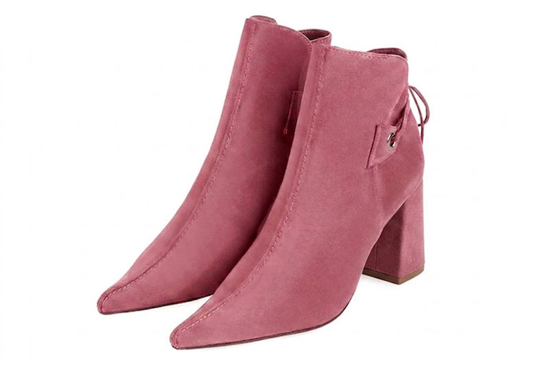 Bottines habillées femme lacets arrière en cuir rose camélia à talon fin de 7.5 cm et bout pointu - Vue avant