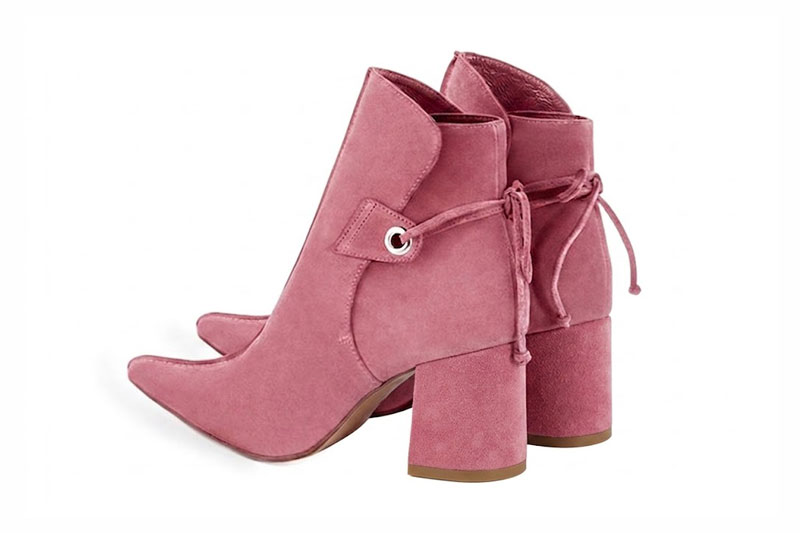 Bottines à laçage arrière pour femme en cuir rose bonbon avec bout pointu et talon fin de 7.5 cm - Vue arrière