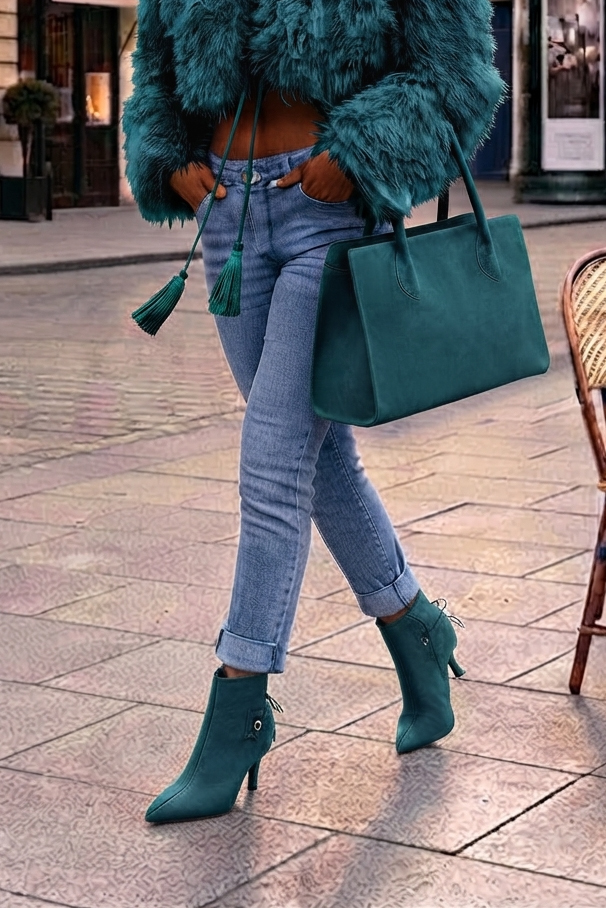 Bottines à laçage arrière pour femme en cuir bleu canard avec bout pointu et talon fin de 7.5 cm - Vue porté