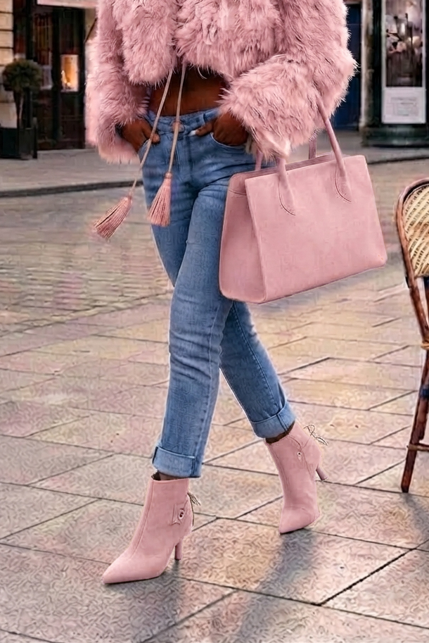 Bottines à laçage arrière pour femme en cuir rose clair avec bout pointu et talon fin de 7.5 cm - Vue porté