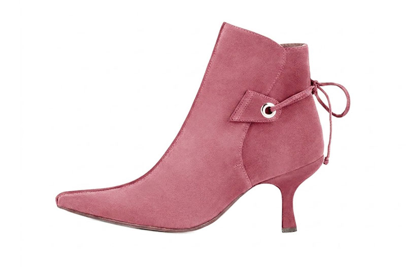 Bottines habillées femme lacets arrière en cuir rose camélia à talon fin de 7.5 cm et bout pointu - Vue de profil