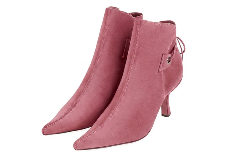 Bottines habillées femme lacets arrière en cuir rose camélia à talon fin de 7.5 cm et bout pointu - Vue avant