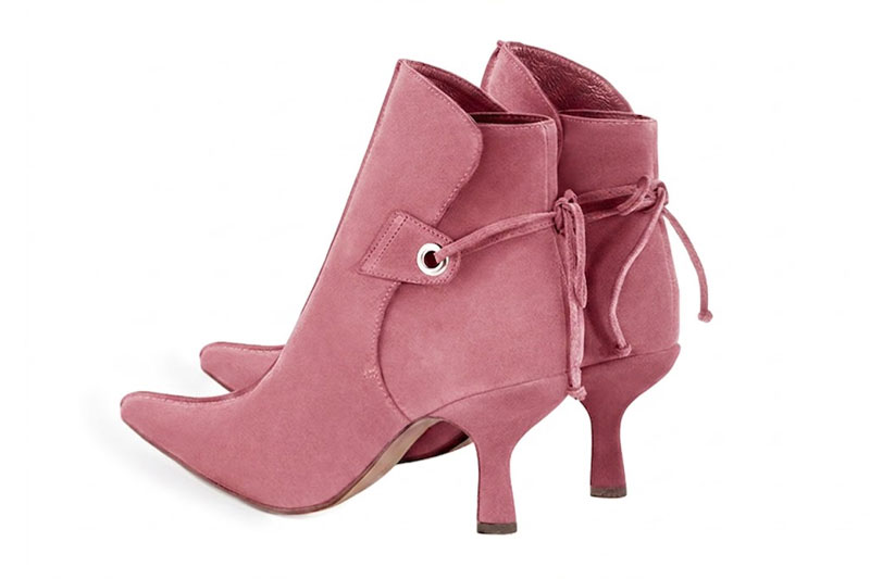 Bottines habillées femme lacets arrière en cuir rose camélia à talon fin de 7.5 cm et bout pointu - Vue arrière